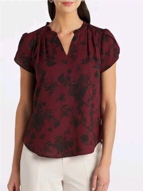 41 Hawthorn Tiffany Tulip Sleeve Burgundy Floral Split-Neck Blouse XXL